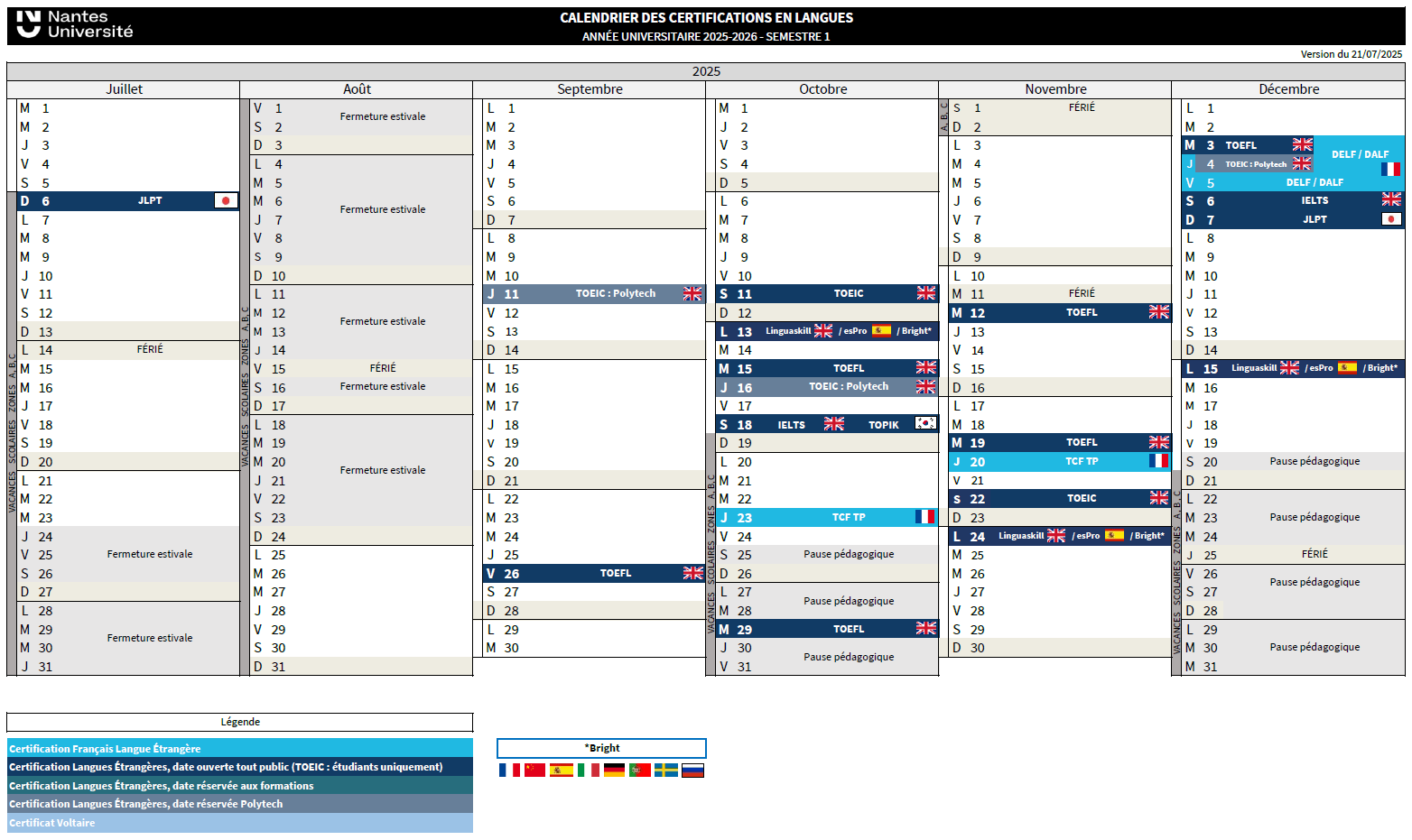 Calendrier 2025-2026 semestre 1