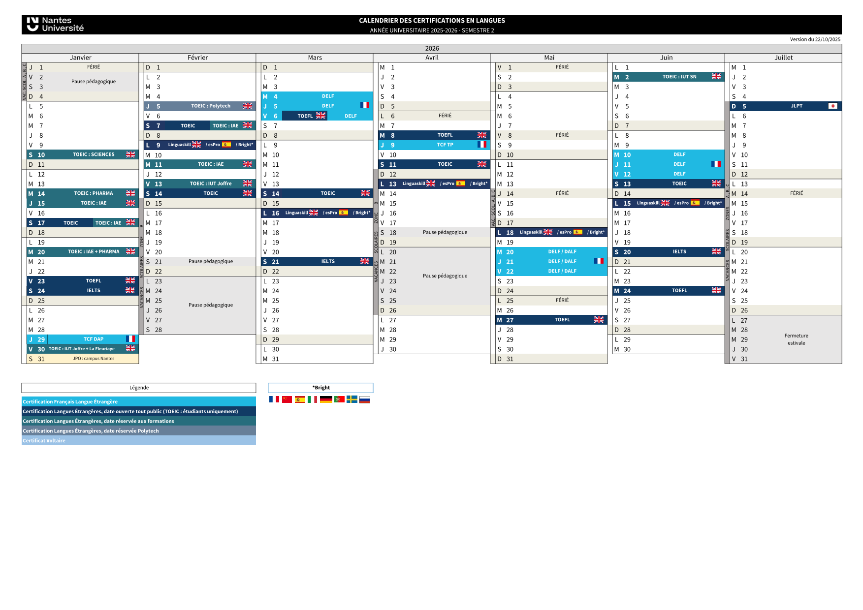 Calendrier 2025-2026 semestre 2