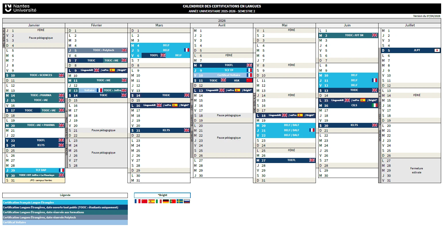Calendrier 2025-2026 semestre 2