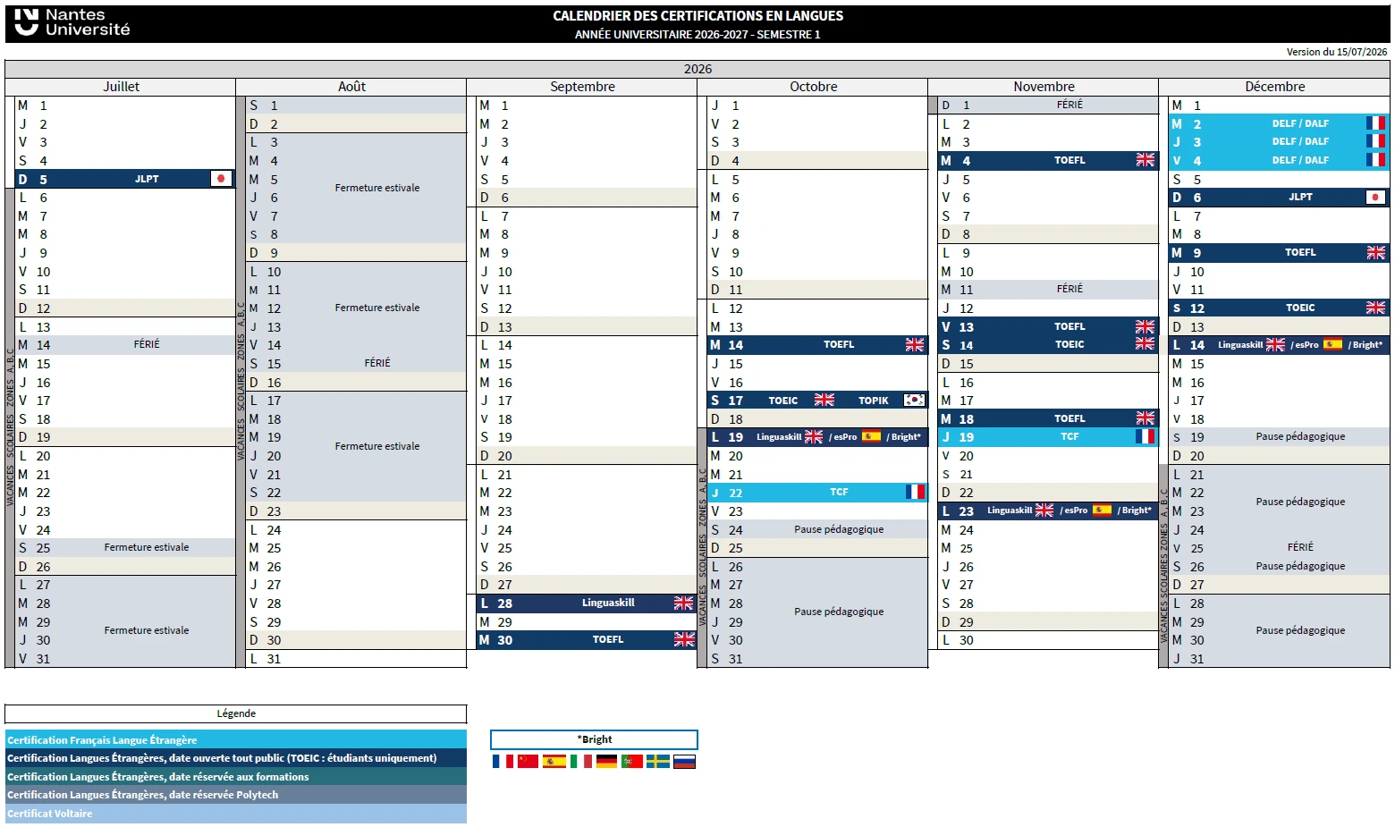 Calendrier 2026-2027 semestre 1