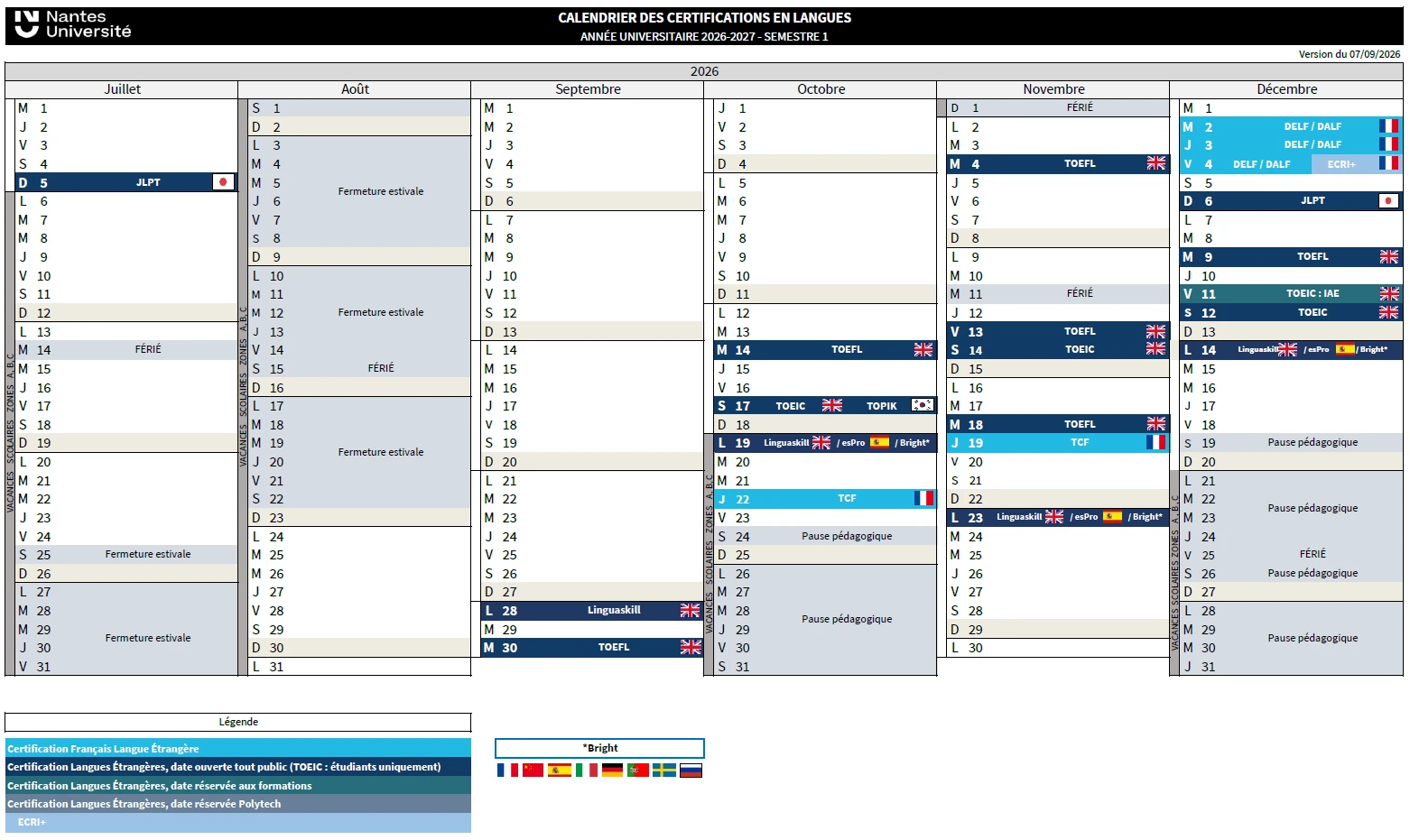 Calendrier 2026-2027 semestre 1