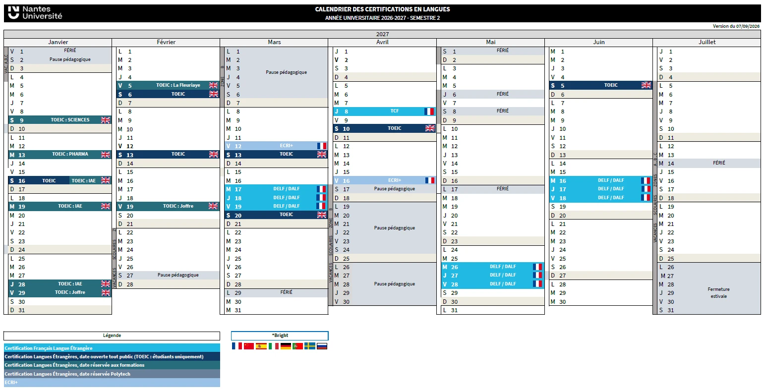 Calendrier 2026-2027 semestre 2