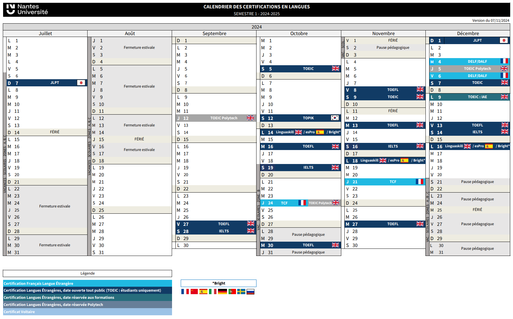 Calendrier certification semestre 1 2024-2025