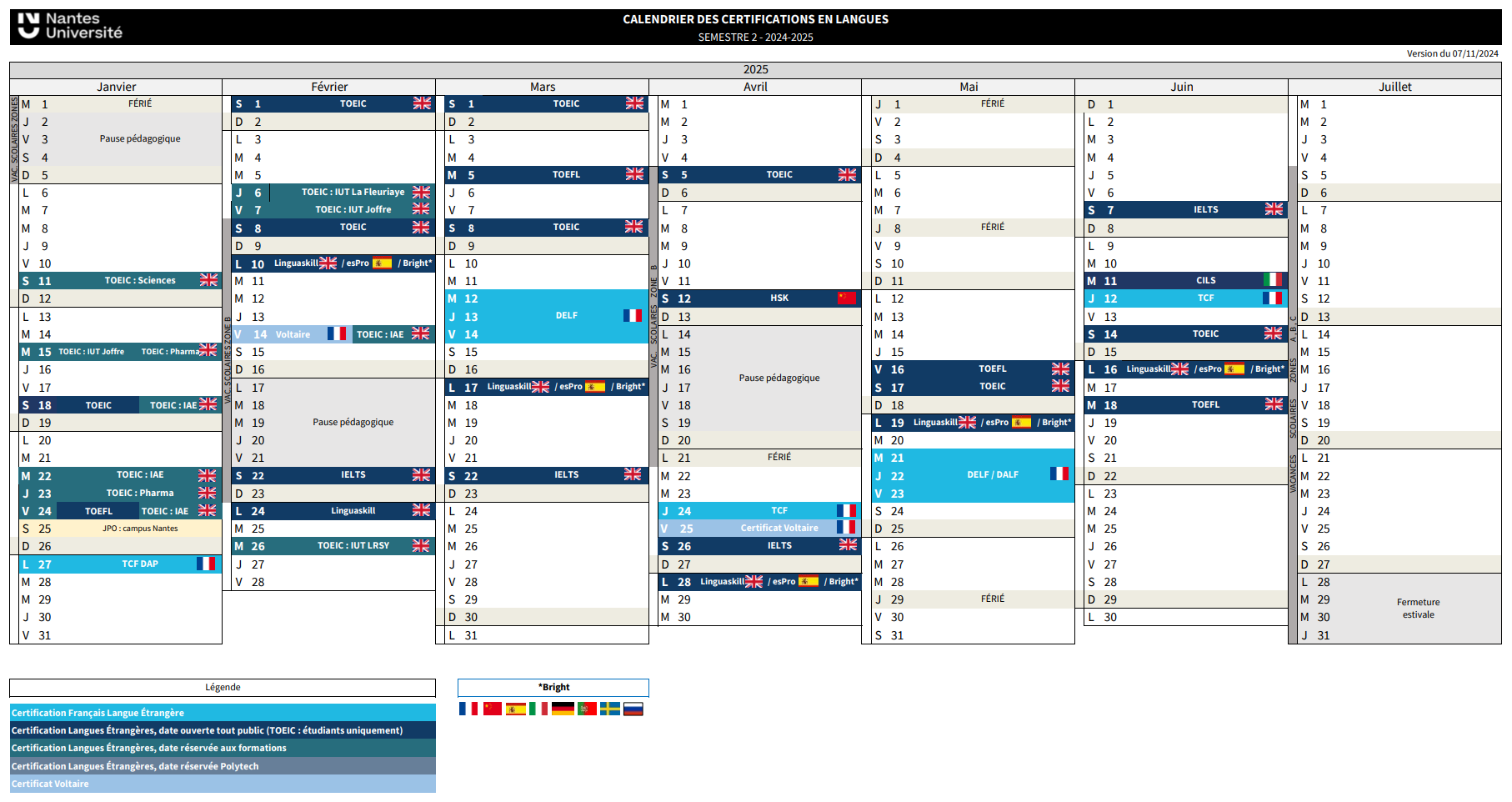 Calendrier certification semestre 2 2024-2025