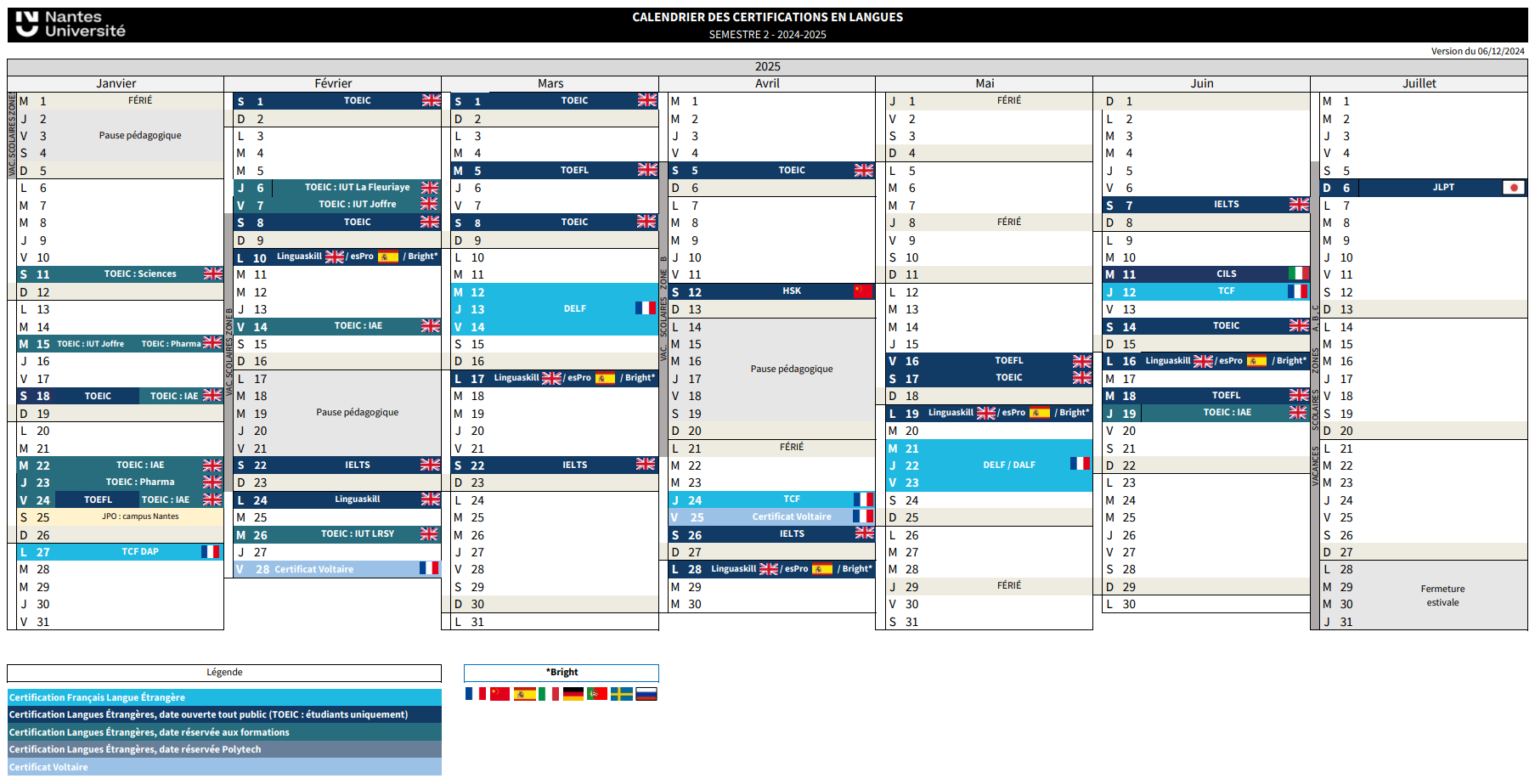 Calendrier certifications semestre 2 2024-2025